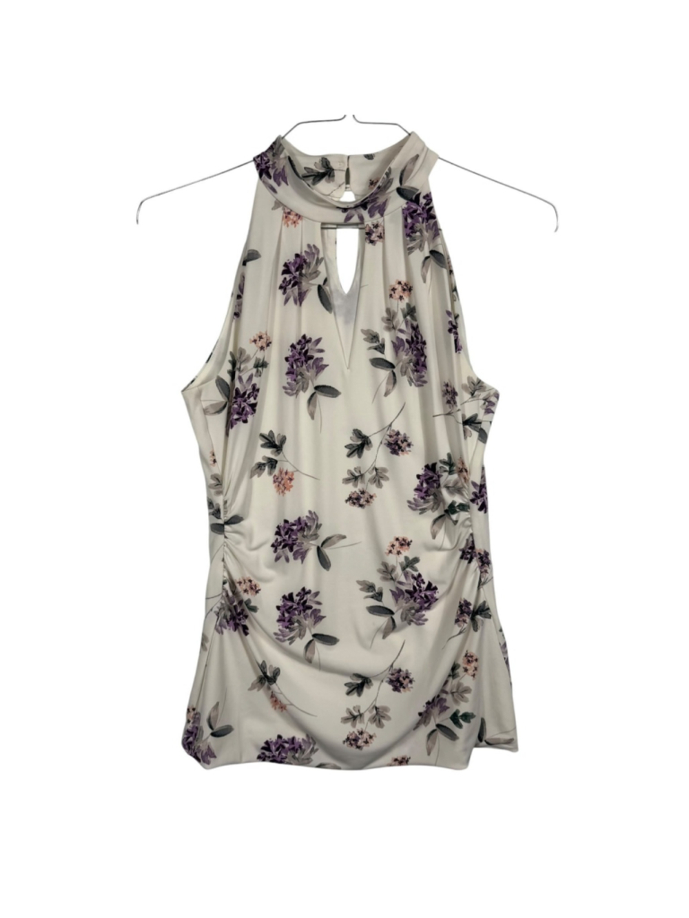 White House Black Market Top White Purple Floral Side Cinched Women Small - Picture 3 of 10